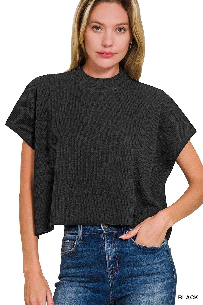 BLACK - Crop Mock Neck Short Sleeve Boxy Sweater